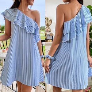 Boho striped ruffle frill one shoulder dress blue white preppy